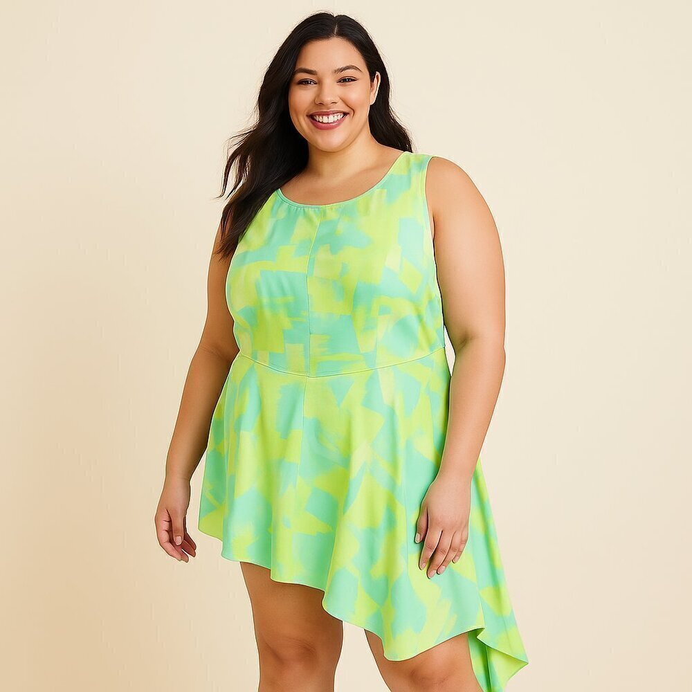 Lane Bryant Plus Size 16 Hi-Low Sleeveless Dress Green Blue Abstract Cotton